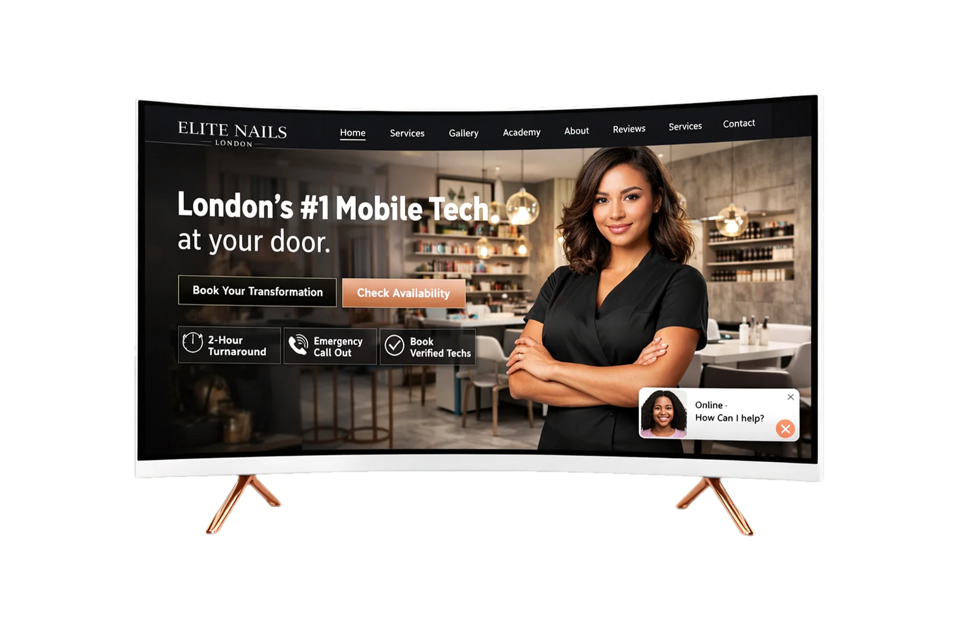 Smart Site Premium luxury nail studio website with booking system on curved monitor
