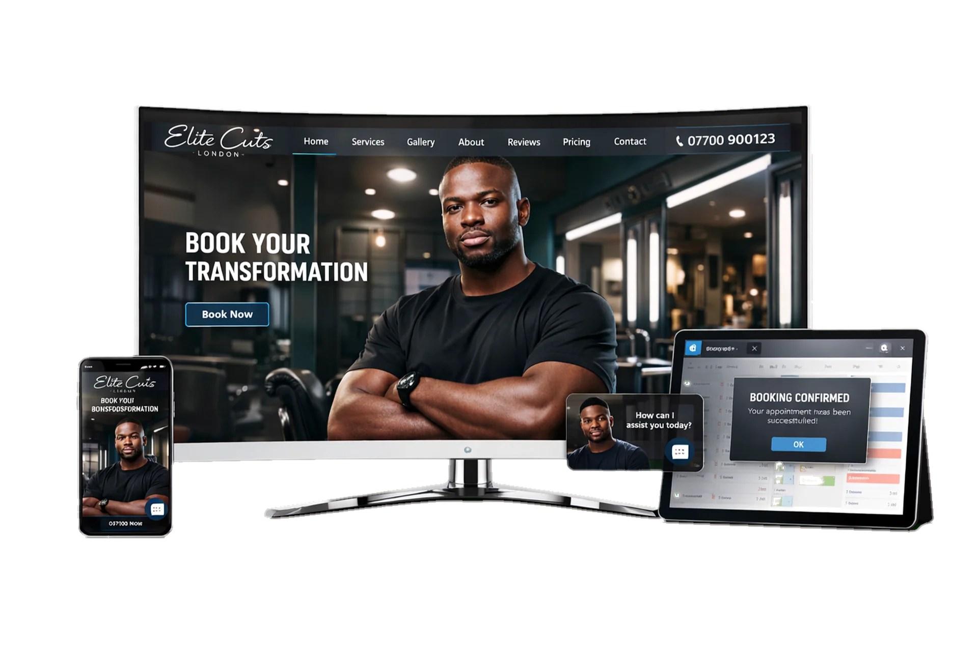 Smart Site Pro System premium barbering website with AI FrontDesk on curved monitor